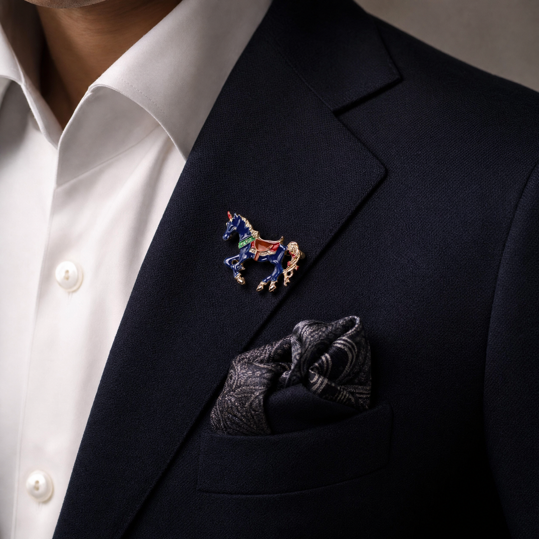 Royal blue enamel carousel horse unicorn brooch pin with colorful saddle accents by Delemon