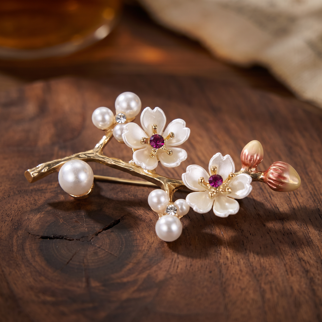 Gold-tone cherry blossom branch brooch pin with pearlescent white enamel flowers, ruby pink crystals, and pearl