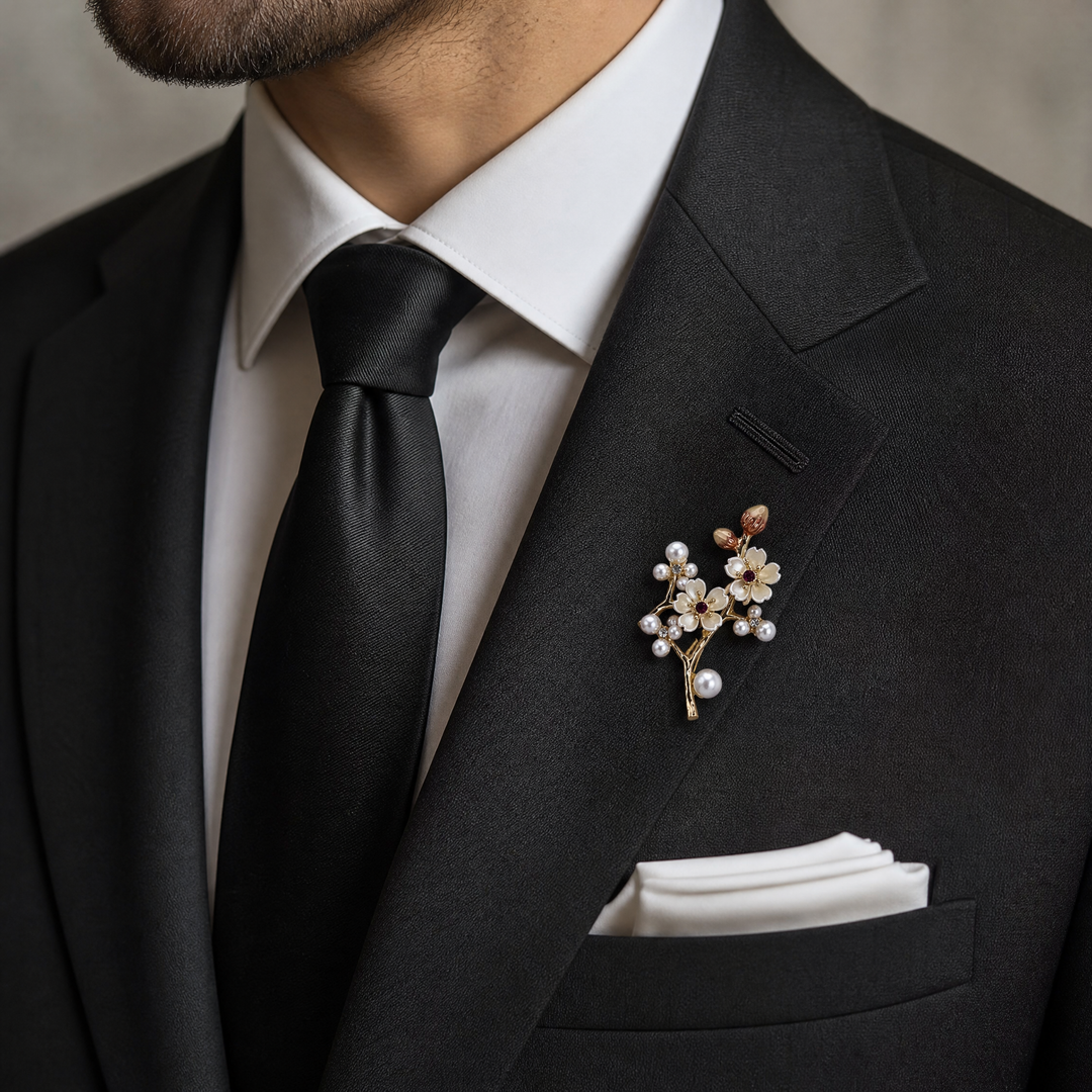 Gold-tone cherry blossom branch brooch pin with pearlescent white enamel flowers, ruby pink crystals, and pearl