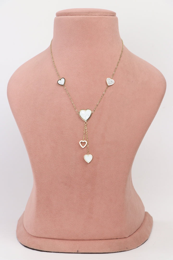 De-Lemon gold lariat necklace with mother of pearl style heart charms