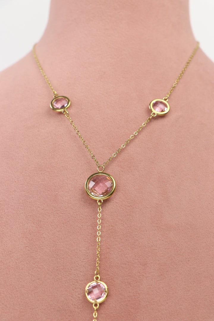 De-Lemon gold lariat necklace with mother of pearl style heart charms