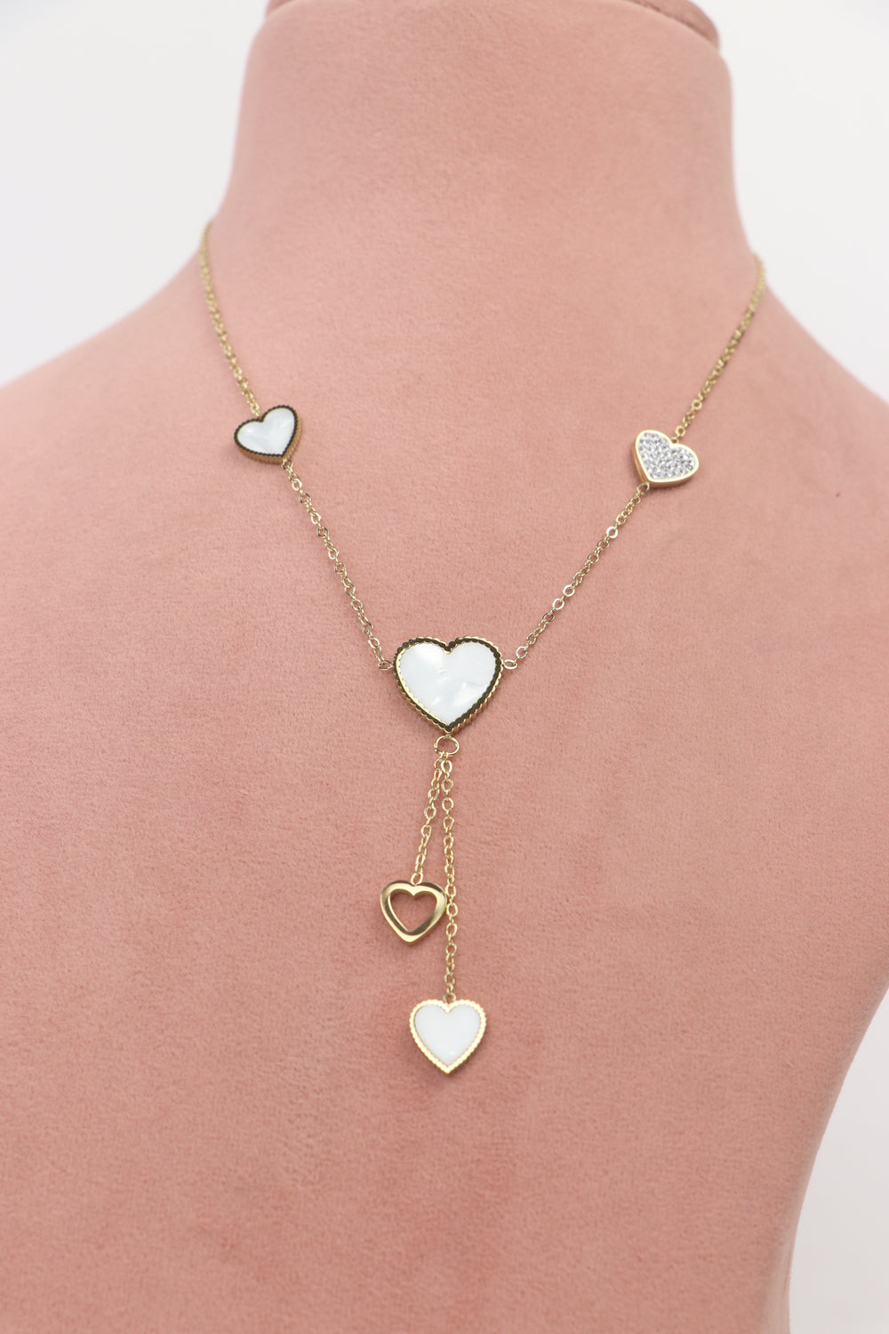 De-Lemon gold lariat necklace with mother of pearl style heart charms