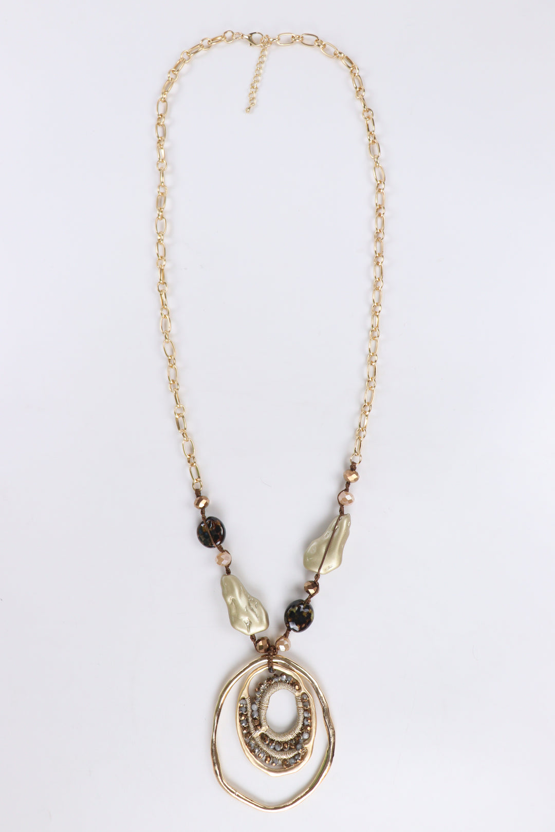 Delemon abstract gold concentric ring statement pendant necklace with crystal and bead accents