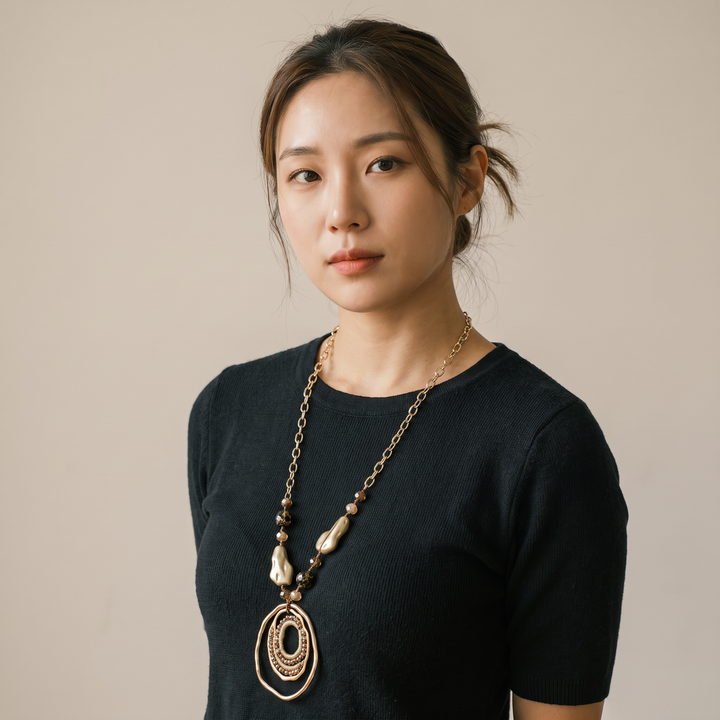 Delemon abstract gold concentric ring statement pendant necklace with crystal and bead accents