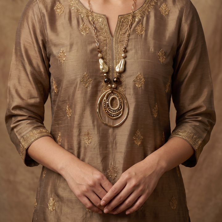 Delemon abstract gold concentric ring statement pendant necklace with crystal and bead accents