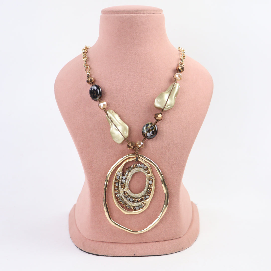 Delemon abstract gold concentric ring statement pendant necklace with crystal and bead accents