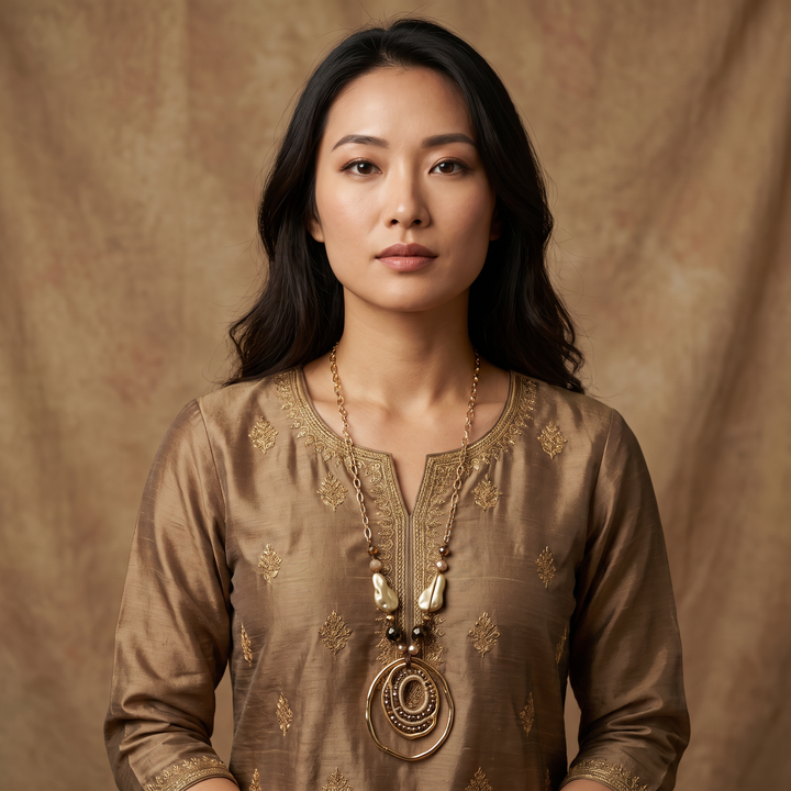 Delemon abstract gold concentric ring statement pendant necklace with crystal and bead accents