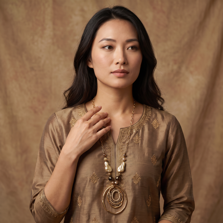 Delemon abstract gold concentric ring statement pendant necklace with crystal and bead accents