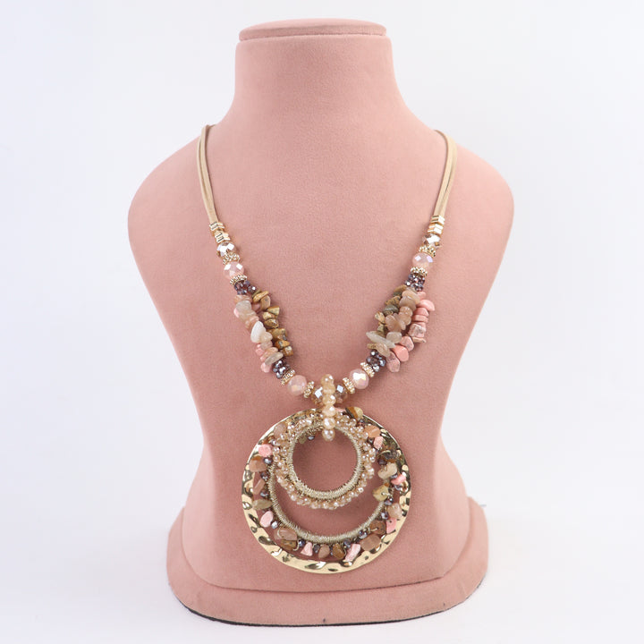 Delemon blush pink natural chip stone long necklace with gold concentric ring pendant