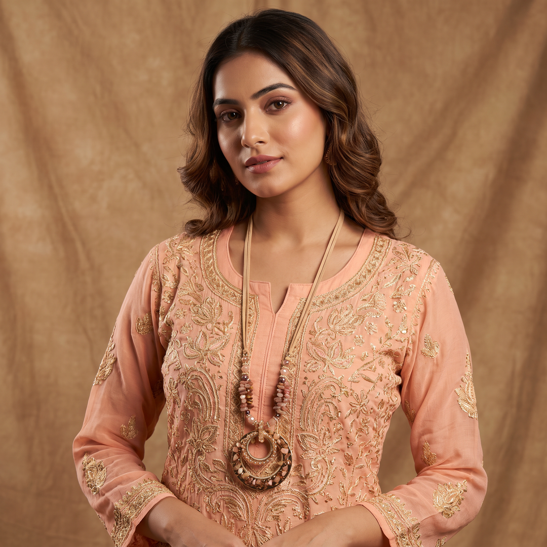 Delemon blush pink natural chip stone long necklace with gold concentric ring pendant