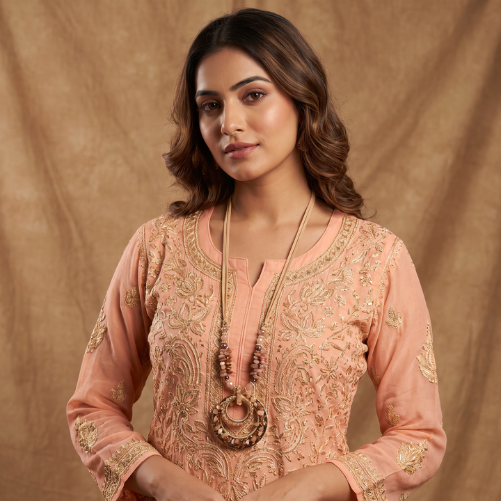 Delemon blush pink natural chip stone long necklace with gold concentric ring pendant