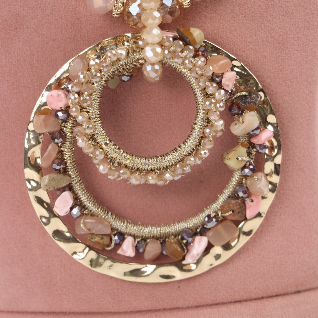 Delemon blush pink natural chip stone long necklace with gold concentric ring pendant