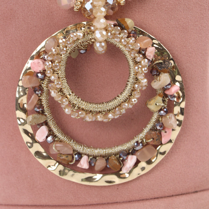 Delemon blush pink natural chip stone long necklace with gold concentric ring pendant