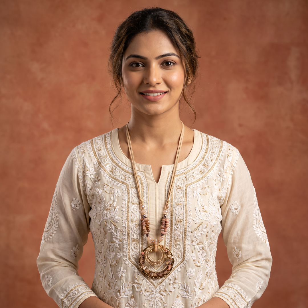 Delemon blush pink natural chip stone long necklace with gold concentric ring pendant
