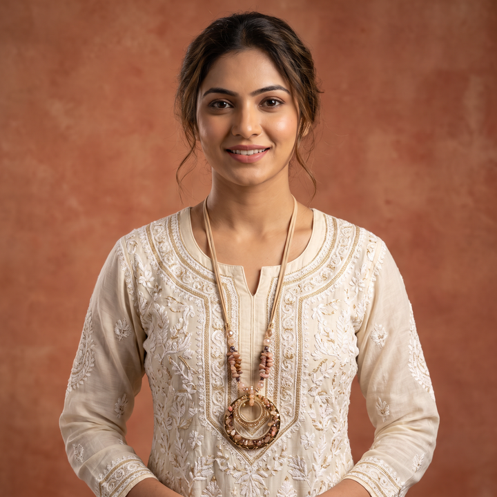 Delemon blush pink natural chip stone long necklace with gold concentric ring pendant