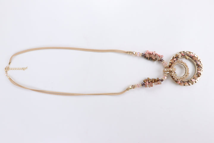 Delemon blush pink natural chip stone long necklace with gold concentric ring pendant