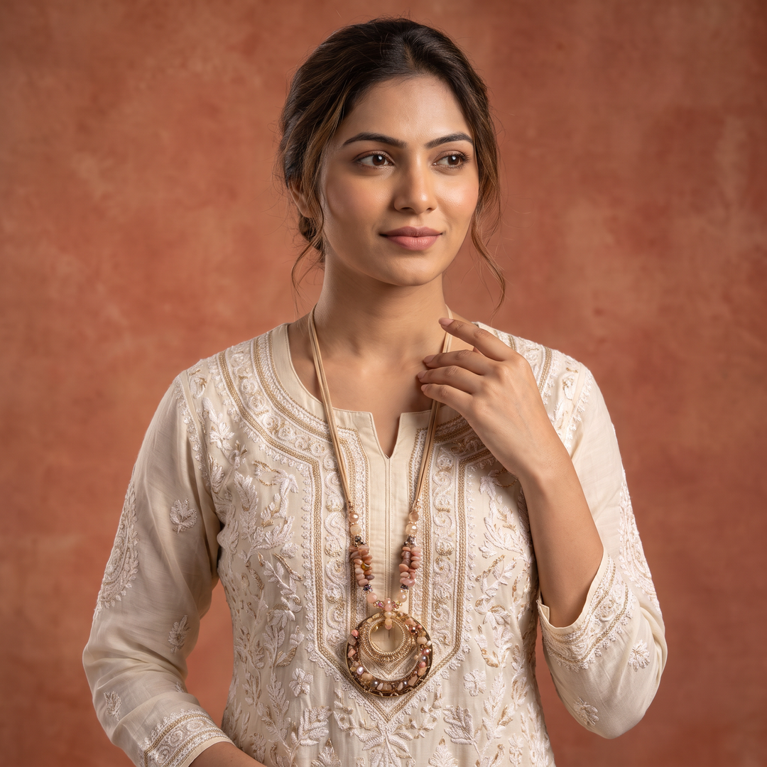 Delemon blush pink natural chip stone long necklace with gold concentric ring pendant