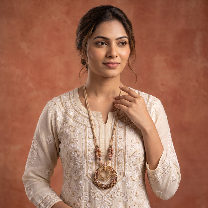 Delemon blush pink natural chip stone long necklace with gold concentric ring pendant