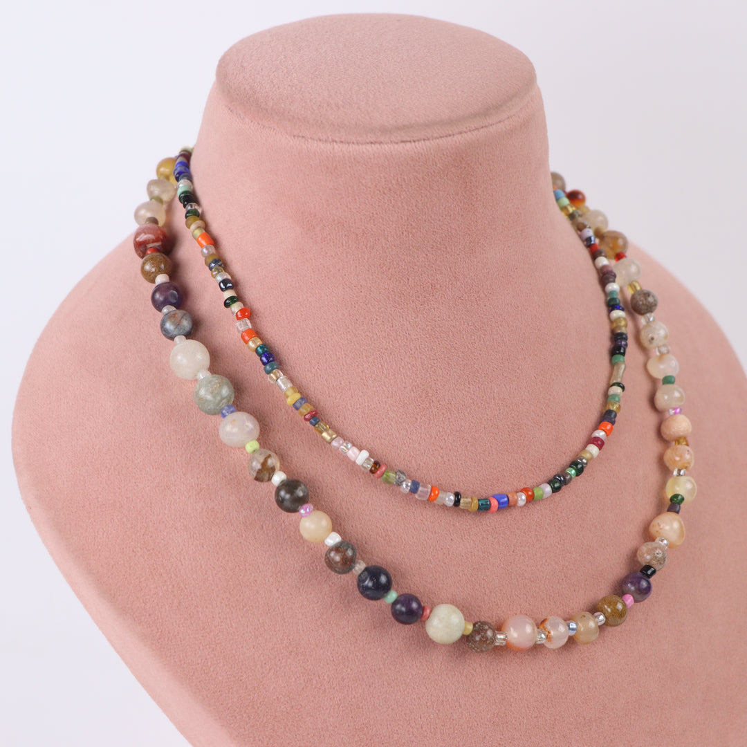 Delemon bohemian dual-strand necklace with multi-color seed beads