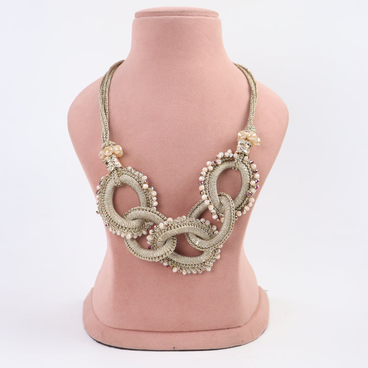 Delemon champagne gold thread-wrapped interlocking ring statement necklace with crystal edging