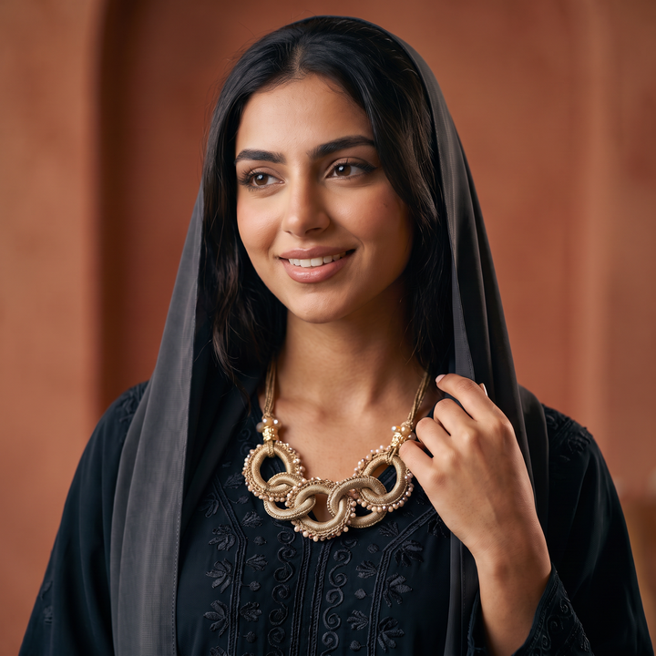 Delemon champagne gold thread-wrapped interlocking ring statement necklace with crystal edging