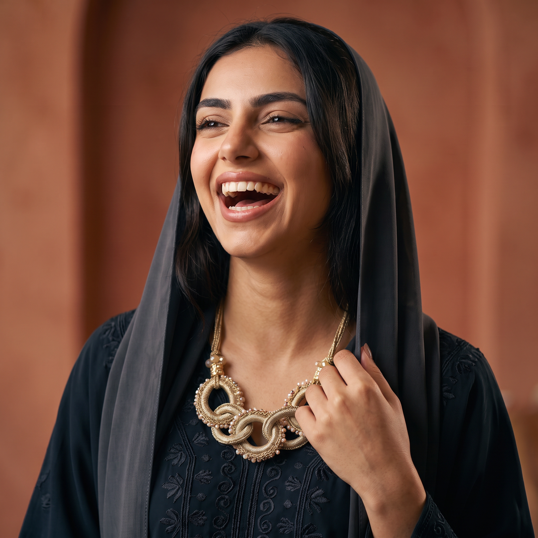 Delemon champagne gold thread-wrapped interlocking ring statement necklace with crystal edging