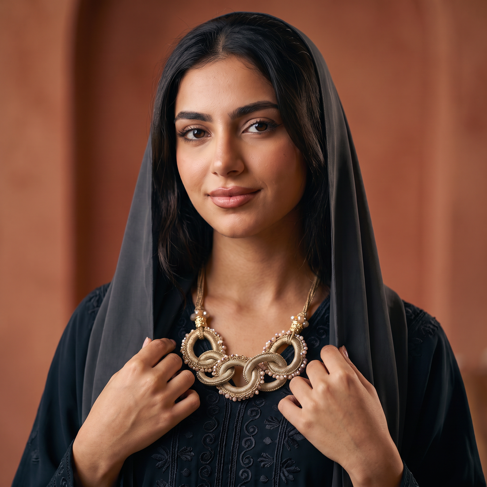 Delemon champagne gold thread-wrapped interlocking ring statement necklace with crystal edging