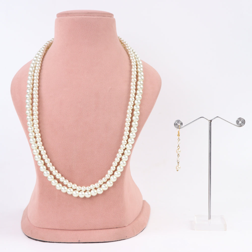 Delemon long double-strand ivory white glass pearl necklace