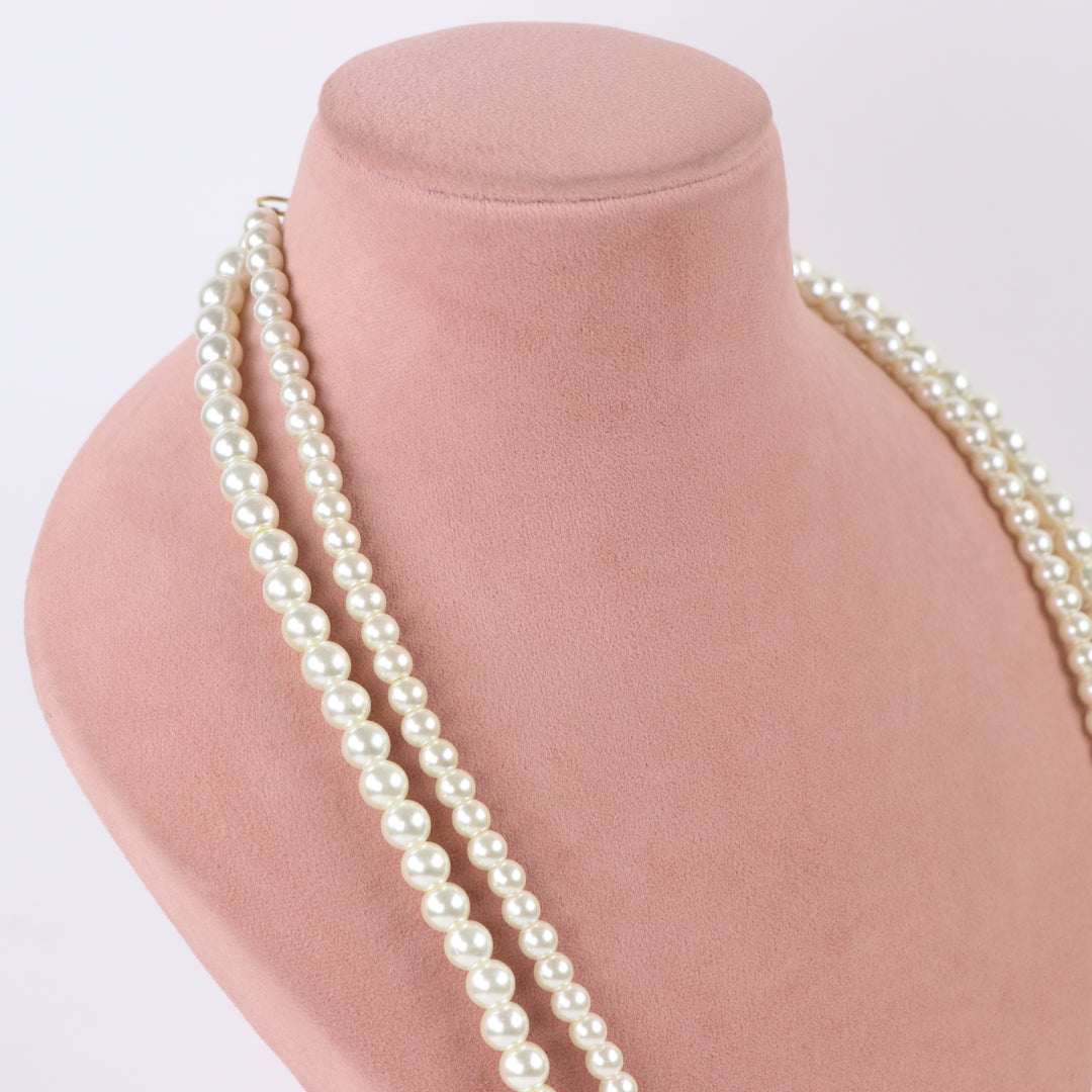 Delemon long double-strand ivory white glass pearl necklace