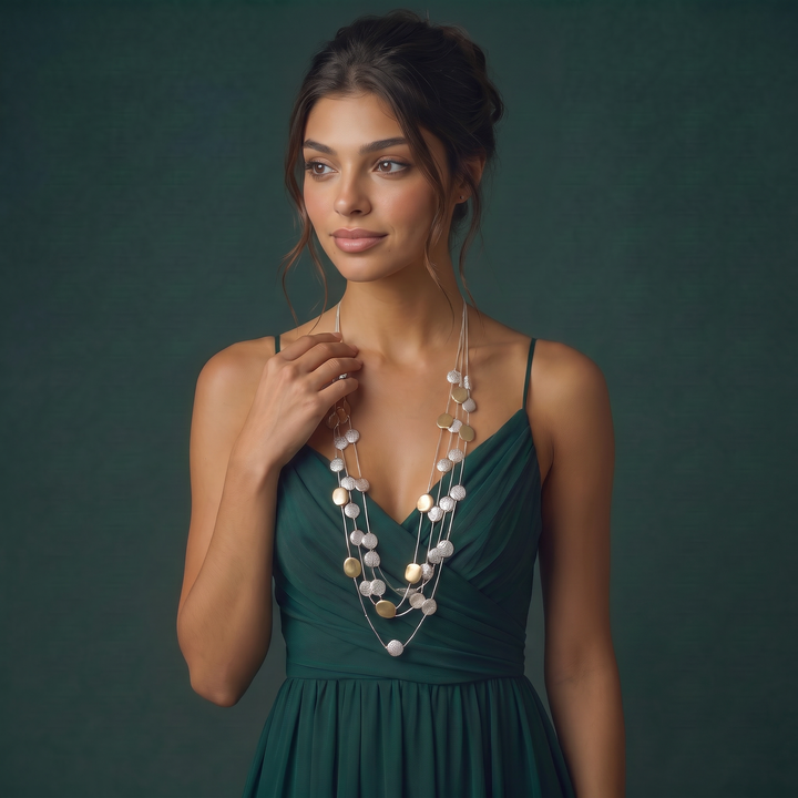 Delemon plastic disc and matte gold coin multi-strand long necklace