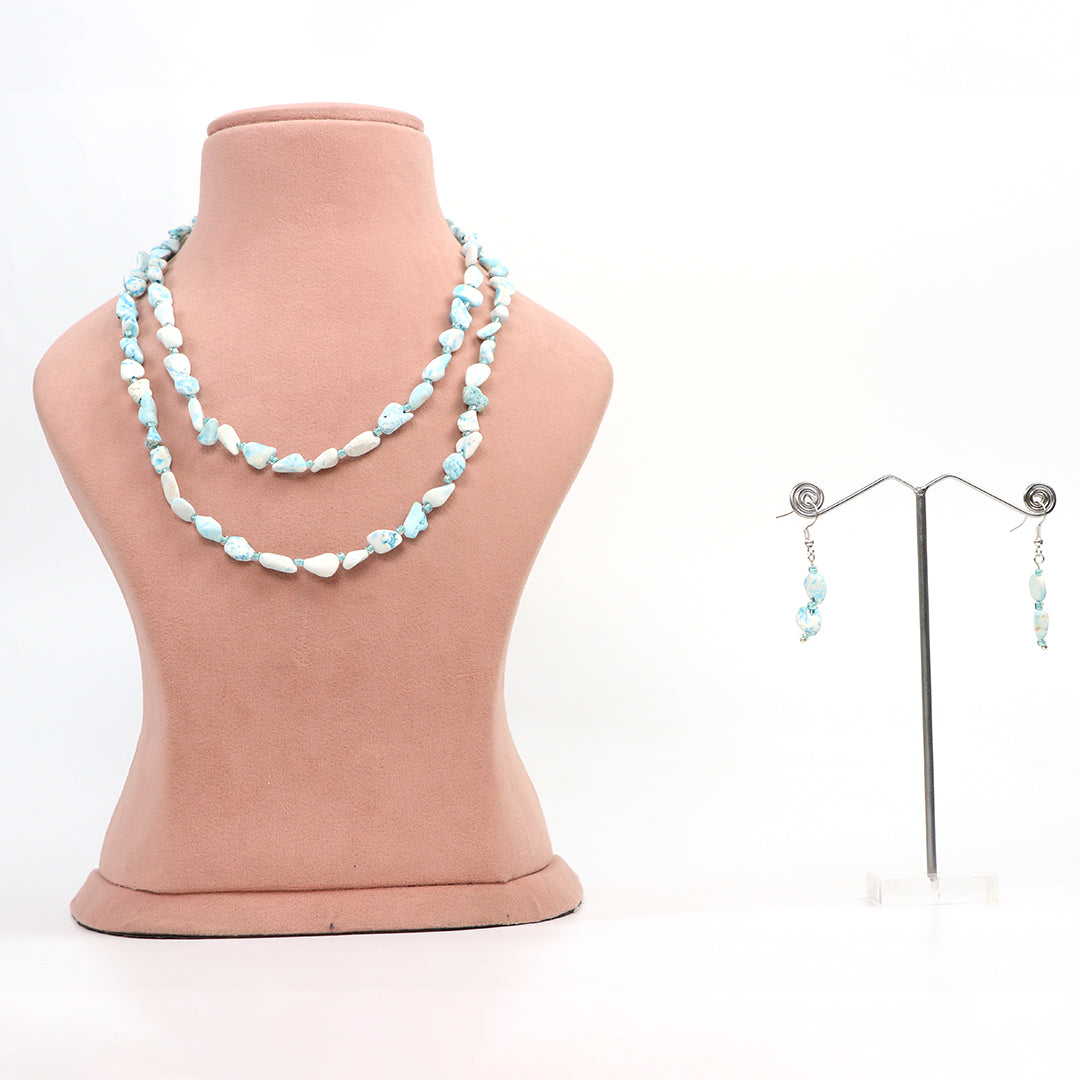 Delemon high-quality light blue and white beaded necklace with matching earrings set.