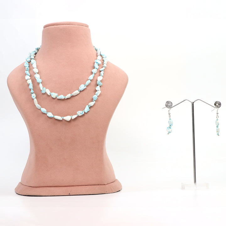 Delemon high-quality light blue and white beaded necklace with matching earrings set.