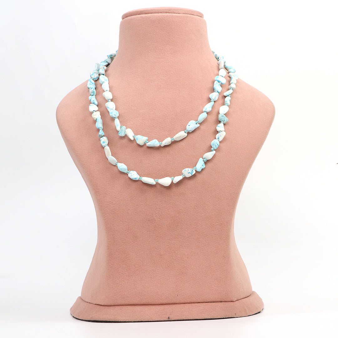 Delemon high-quality double-layer light blue and white beaded necklace front view.
