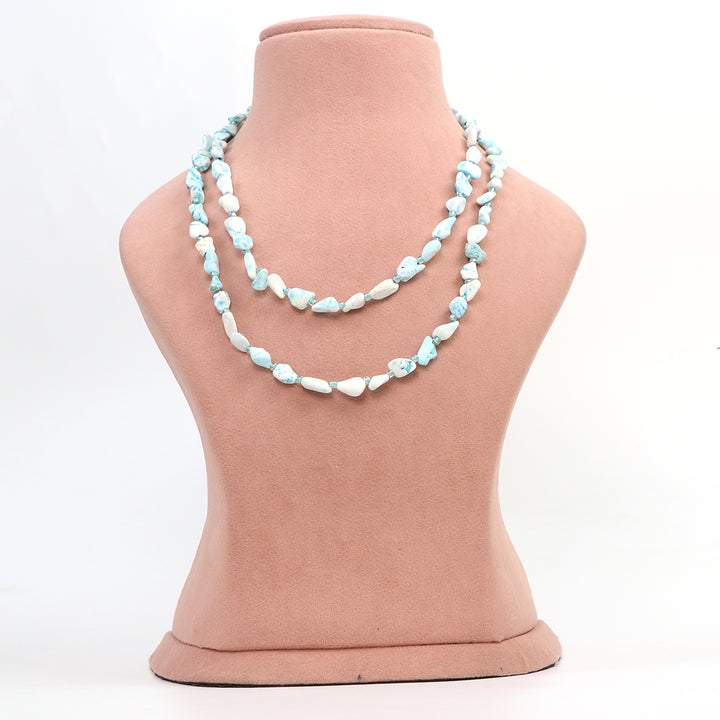 Delemon high-quality double-layer light blue and white beaded necklace front view.