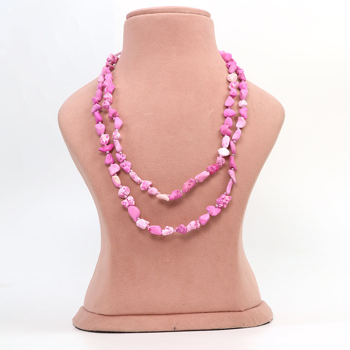 Delemon double-layer pink chip stone bead necklace front view.