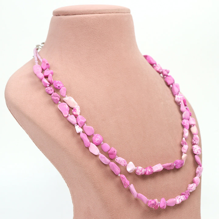 Delemon double-layer pink chip stone bead necklace side view.
