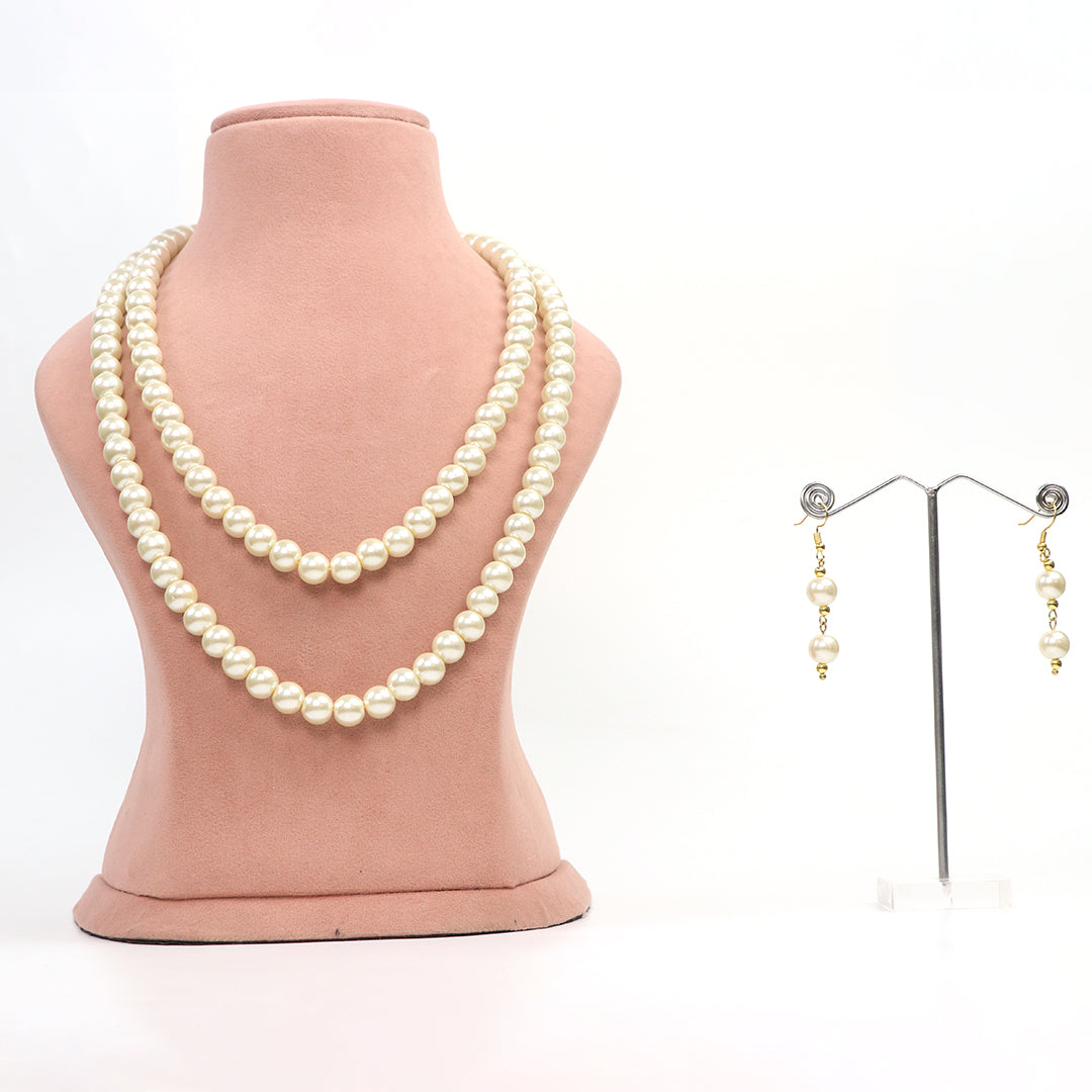 Delemon classic double strand pearl necklace with matching drop earrings set.
