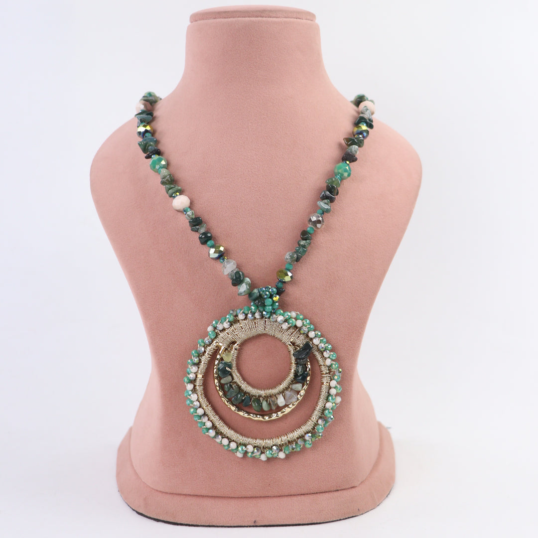 Delemon emerald green natural stone chip long necklace with gold concentric ring pendant