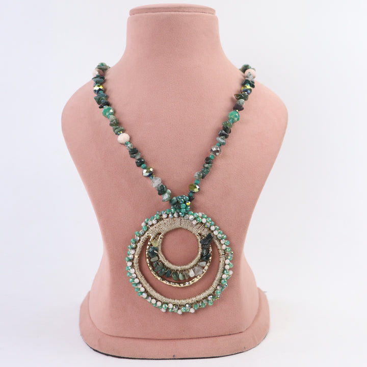 Delemon emerald green natural stone chip long necklace with gold concentric ring pendant