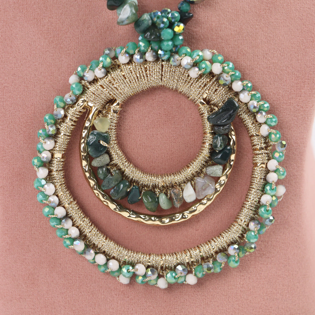 Delemon emerald green natural stone chip long necklace with gold concentric ring pendant