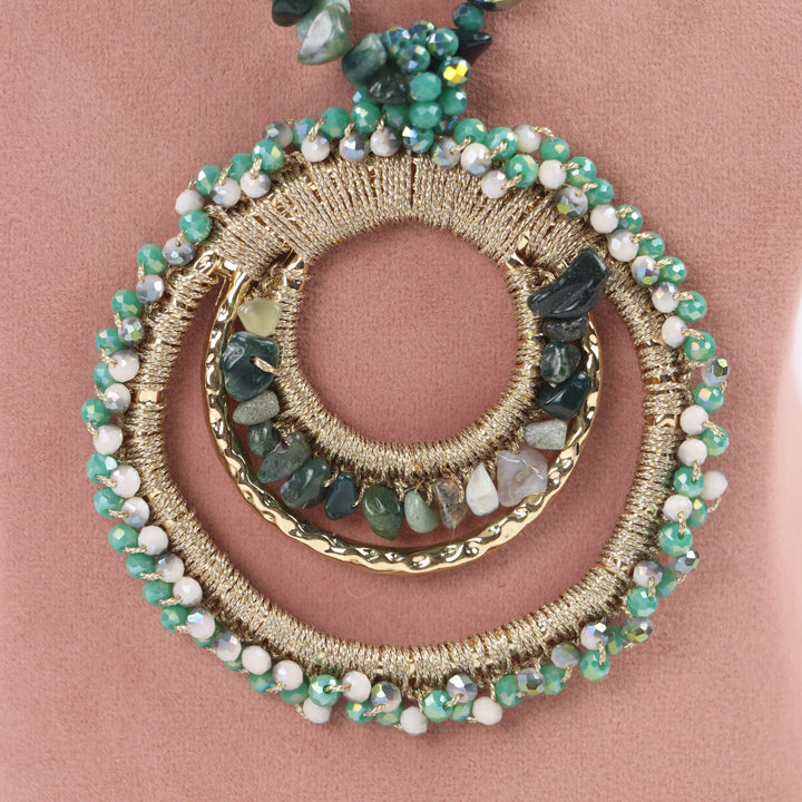 Delemon emerald green natural stone chip long necklace with gold concentric ring pendant