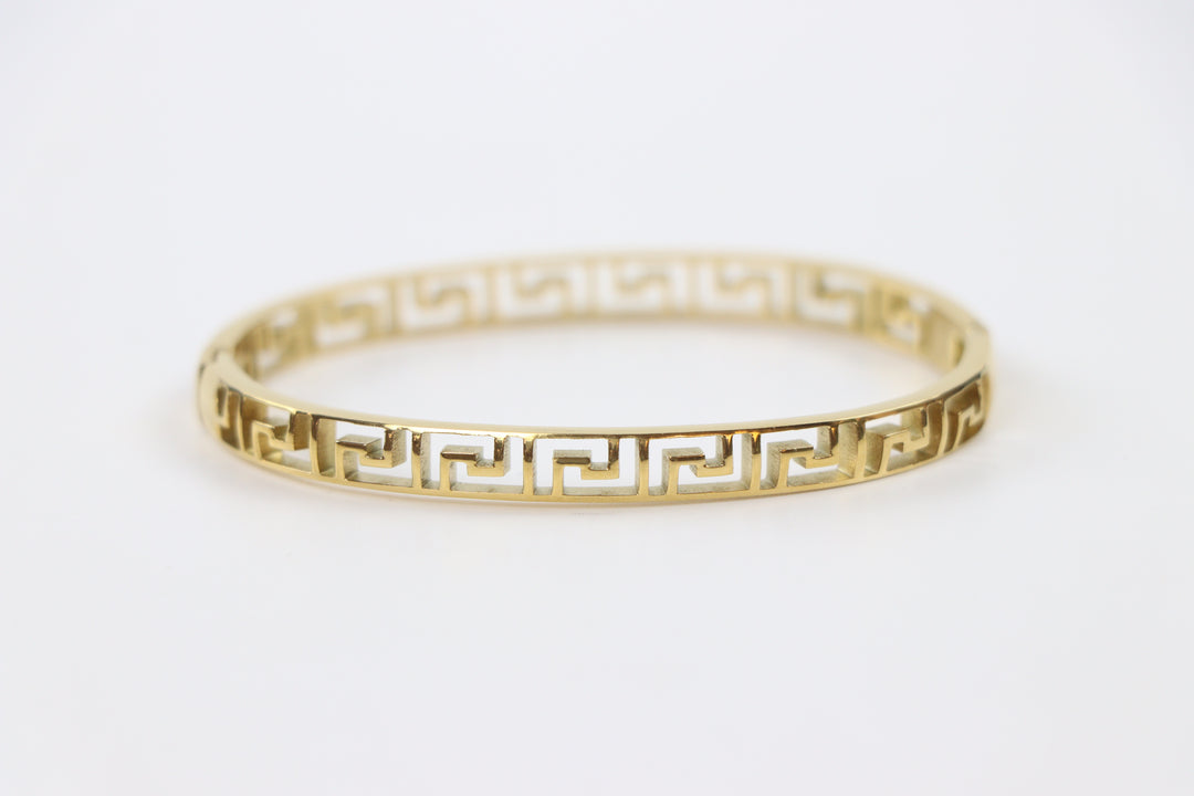elemon gold slim Greek key cut-out geometric bangle bracelet in waterproof 18k gold plated stainless steel