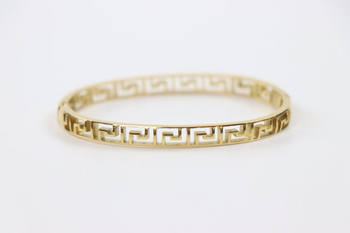 elemon gold slim Greek key cut-out geometric bangle bracelet in waterproof 18k gold plated stainless steel