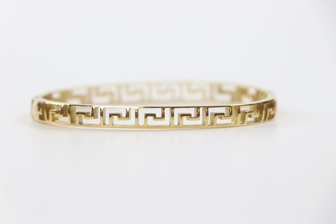 elemon gold slim Greek key cut-out geometric bangle bracelet in waterproof 18k gold plated stainless steel