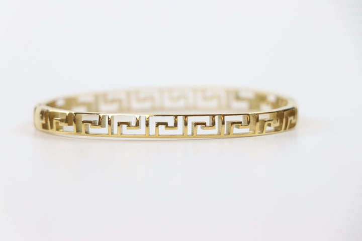 elemon gold slim Greek key cut-out geometric bangle bracelet in waterproof 18k gold plated stainless steel