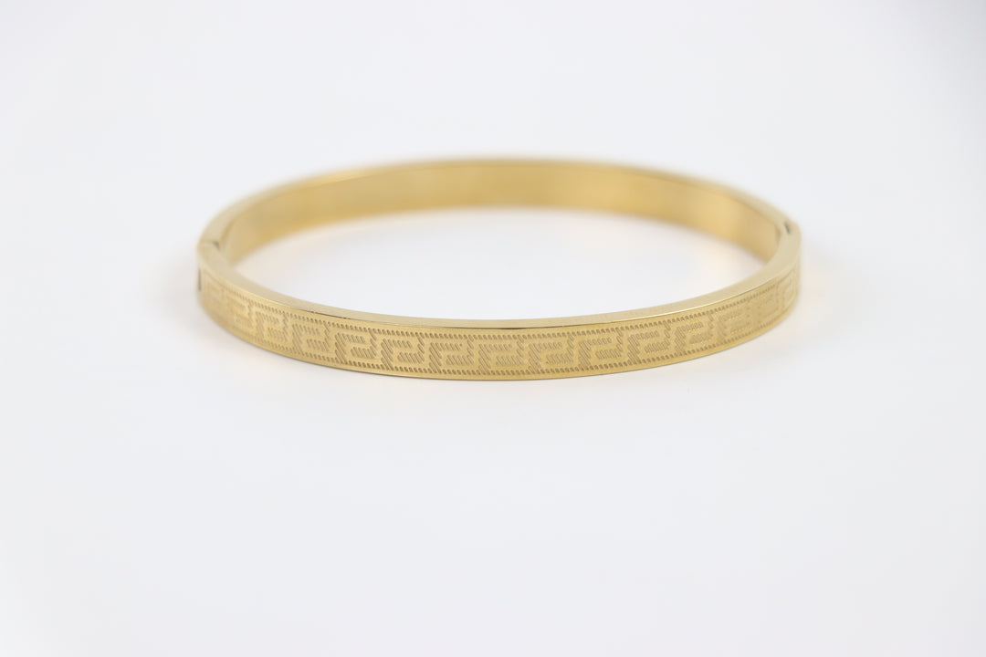 Delemon gold Greek key engraved geometric bangle bracelet in waterproof 18k gold plated stainless steel