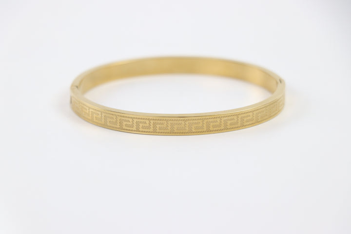Delemon gold Greek key engraved geometric bangle bracelet in waterproof 18k gold plated stainless steel