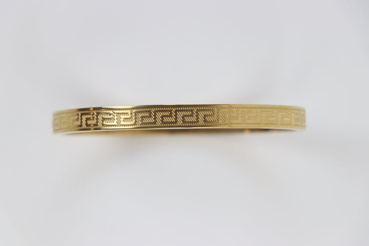 Delemon gold Greek key engraved geometric bangle bracelet in waterproof 18k gold plated stainless steel