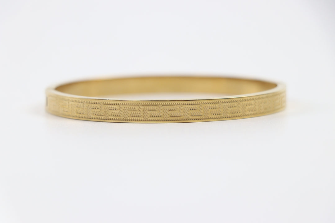 Delemon gold Greek key engraved geometric bangle bracelet in waterproof 18k gold plated stainless steel