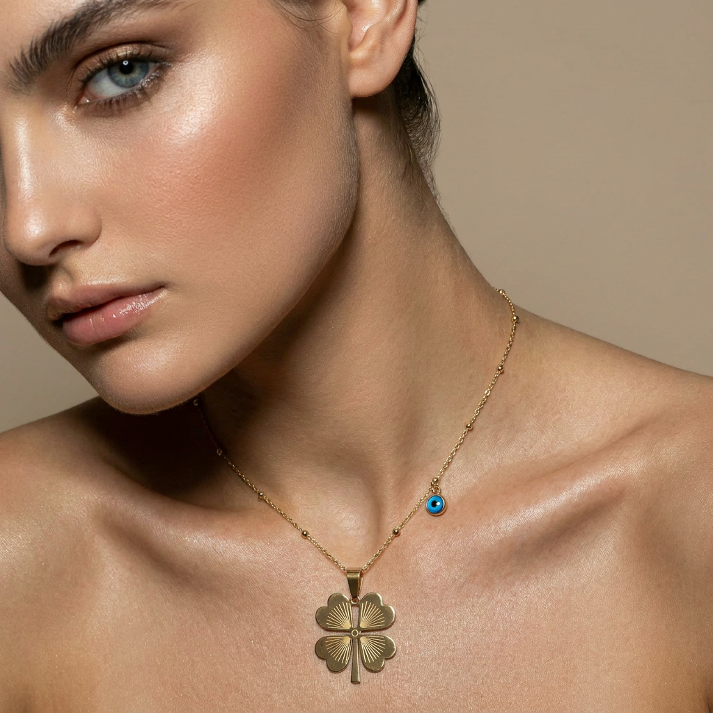 Delemon high-quality gold plated delicate bead chain necklace featuring a large central four-leaf clover pendant with an engraved pattern and a small hanging blue evil eye charm